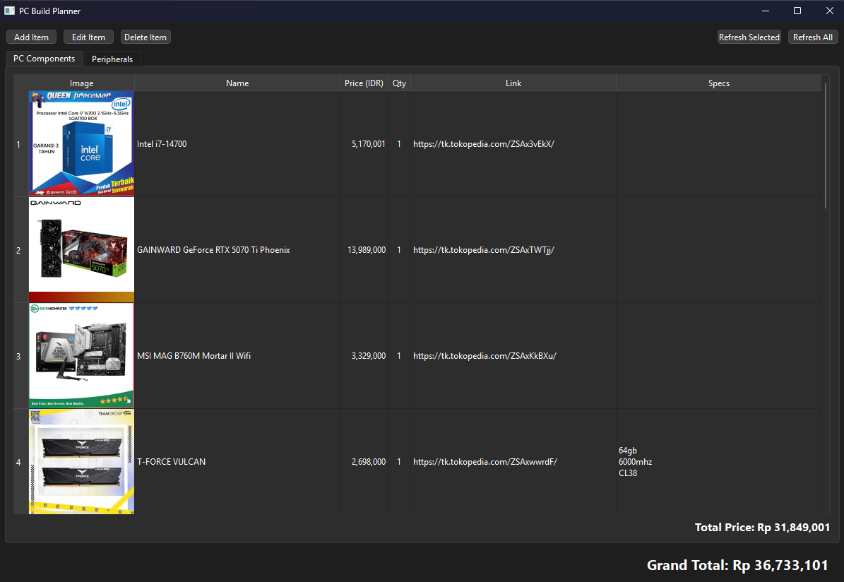 Screenshot of the PC Planner application, showing a list of components with their scraped prices and a total cost.